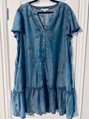 Denim Cherry Embroidered Button-Front Dress